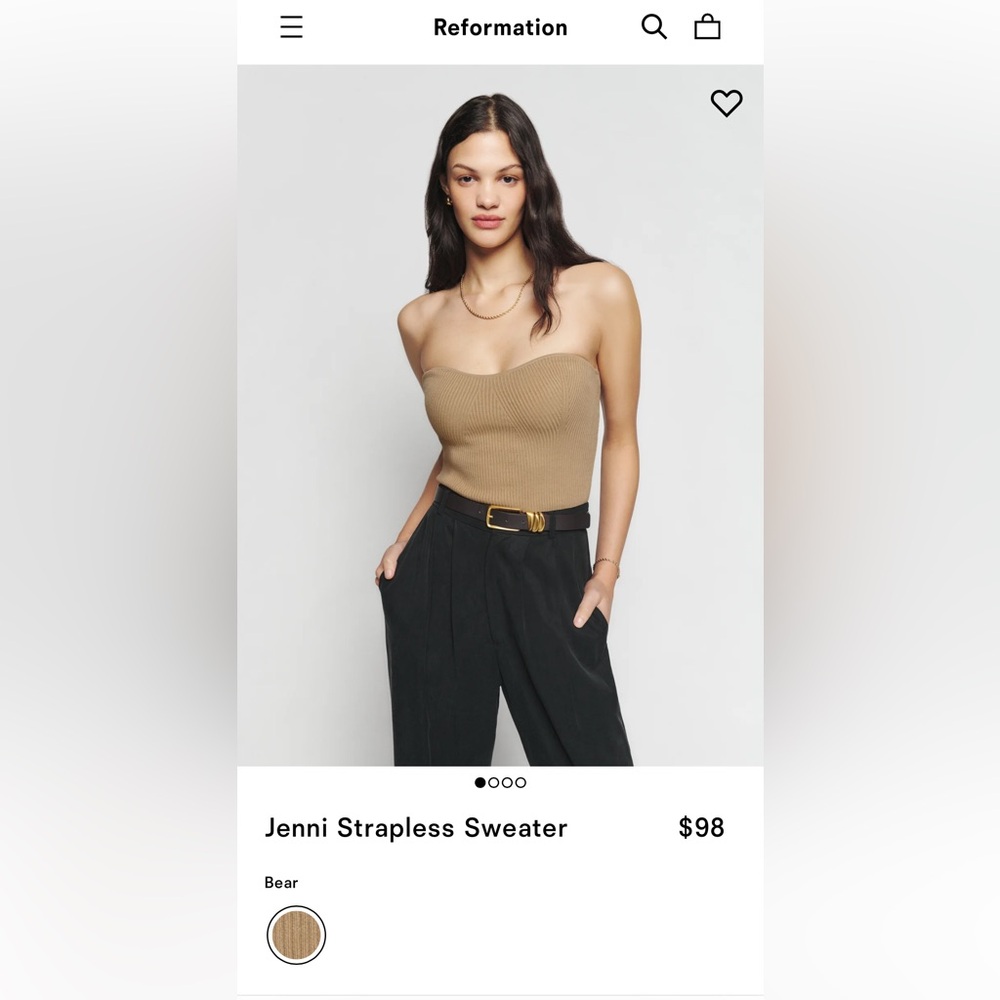 Reformation Jenni Strapless Sweater in “bear”